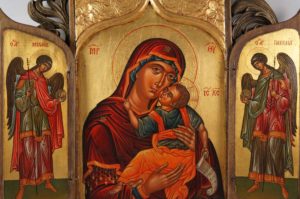 Virgin Mary Eleusa Hand-Painted and Hand-Carved Orthodox Triptych