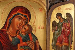 Virgin Mary Eleusa Hand-Painted and Hand-Carved Orthodox Triptych