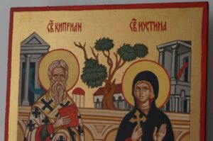 Saints Cyprian and Justina Hand Painted Byzantine Orthodox Icon on Wood