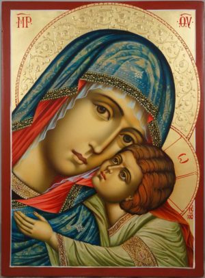 Virgin of Tenderness decorated halo Hand Painted Orthodox Icon on Wood