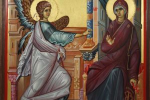The Annunciation Hand-Painted Byzantine Icon on Carved Wood