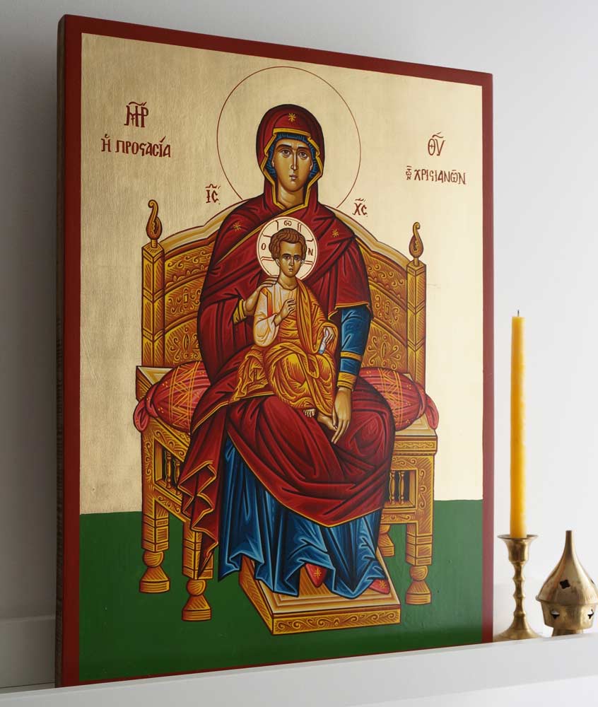 Theotokos Enthroned Hand-Painted Byzantine Icon on Wood