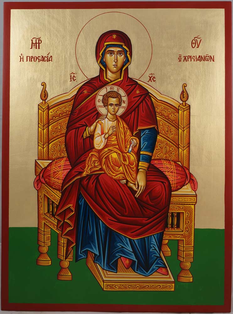 Theotokos Enthroned Hand-Painted Byzantine Icon on Wood