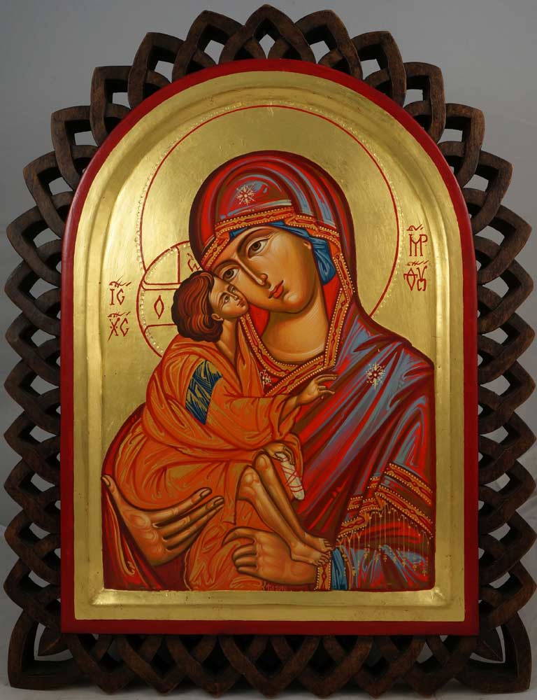 The Virgin Eleousa (carved wood) Icon with Polished Gold Leaf