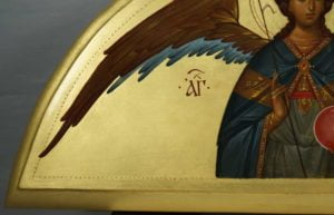 St Archangel Michael Open Wings Hand-Painted Byzantine Icon on Arched Wood