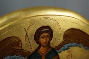 St Archangel Michael Open Wings Hand-Painted Byzantine Icon on Arched Wood