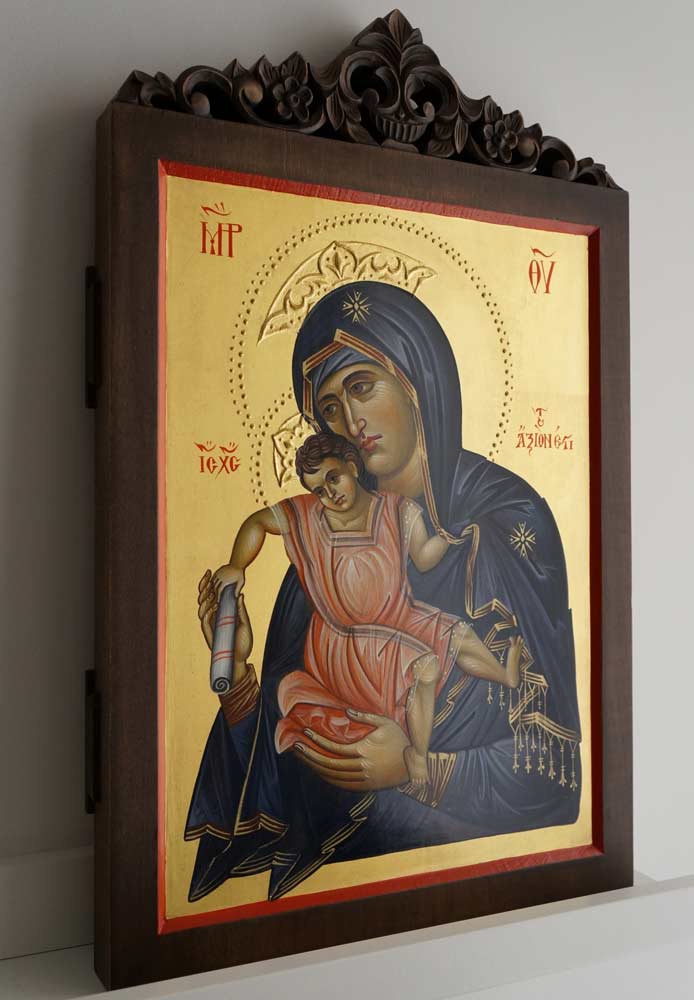 Panagia Axion Estin Dostoino Est Hand-Painted Byzantine Icon on Carved Wood