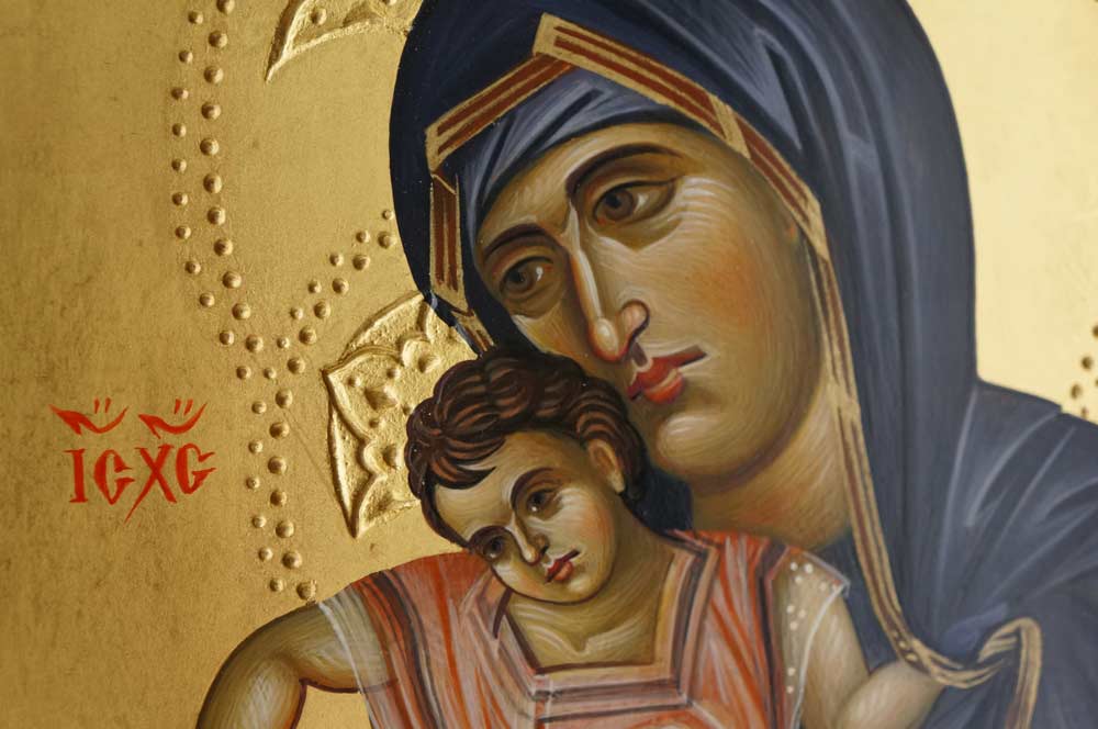 Panagia Axion Estin Dostoino Est Hand-Painted Byzantine Icon on Carved Wood