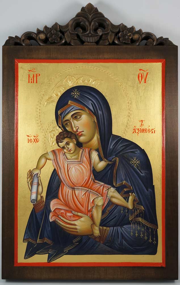 Panagia Axion Estin Dostoino Est Hand-Painted Byzantine Icon on Carved Wood