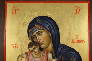Panagia Axion Estin Dostoino Est Hand-Painted Byzantine Icon on Carved Wood