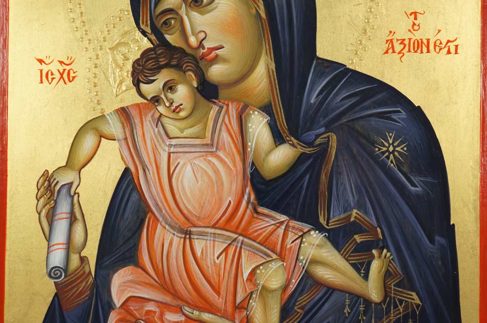 Panagia Axion Estin Dostoino Est Hand-Painted Byzantine Icon on Carved Wood