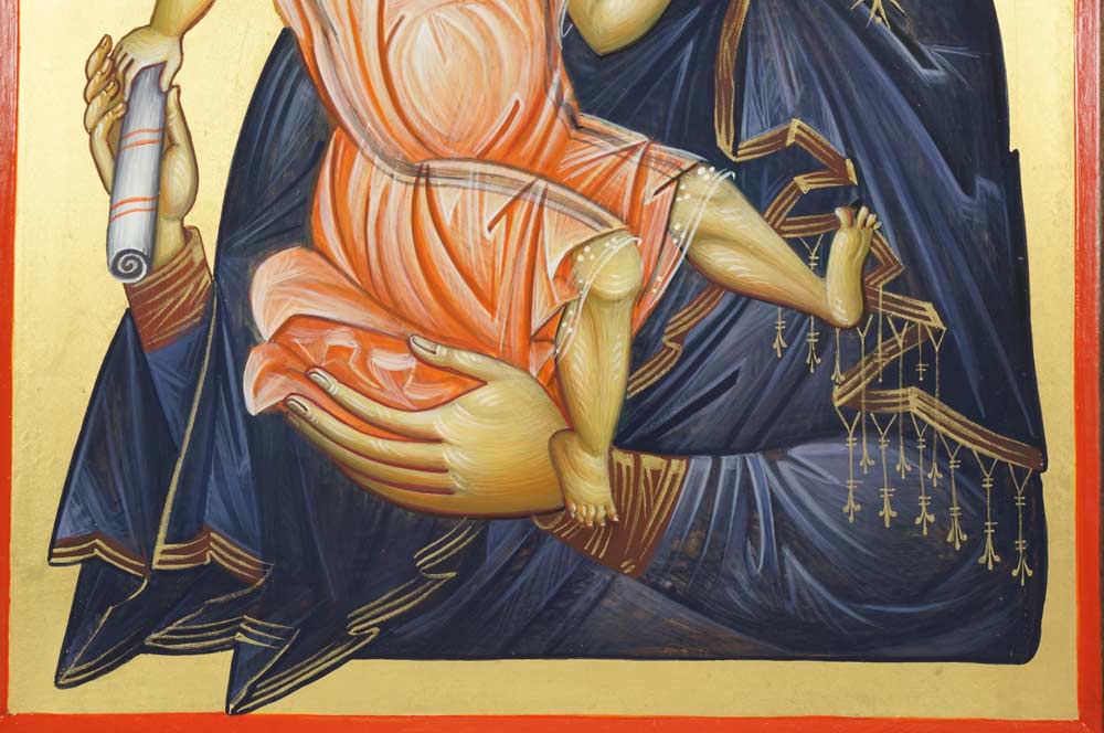 Panagia Axion Estin Dostoino Est Hand-Painted Byzantine Icon on Carved Wood