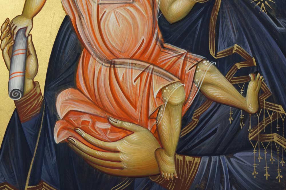 Panagia Axion Estin Dostoino Est Hand-Painted Byzantine Icon on Carved Wood