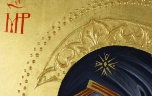 Panagia Axion Estin Dostoino Est Hand-Painted Byzantine Icon on Carved Wood