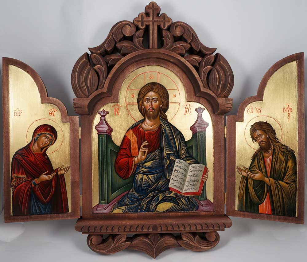 Deesis Hand-Painted Greek Orthodox Carved Wood Triptych