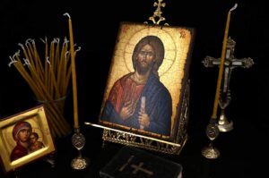 Single Brass Candle Holder Theotokos Design Orthodox