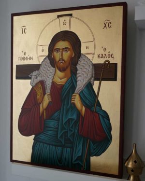 Hand-Painted Greek Orthodox Icon of Jesus The Good Shepherd