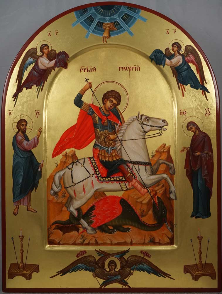 St George Slaying the Dragon (with saints) Hand-Painted Orthodox Icon