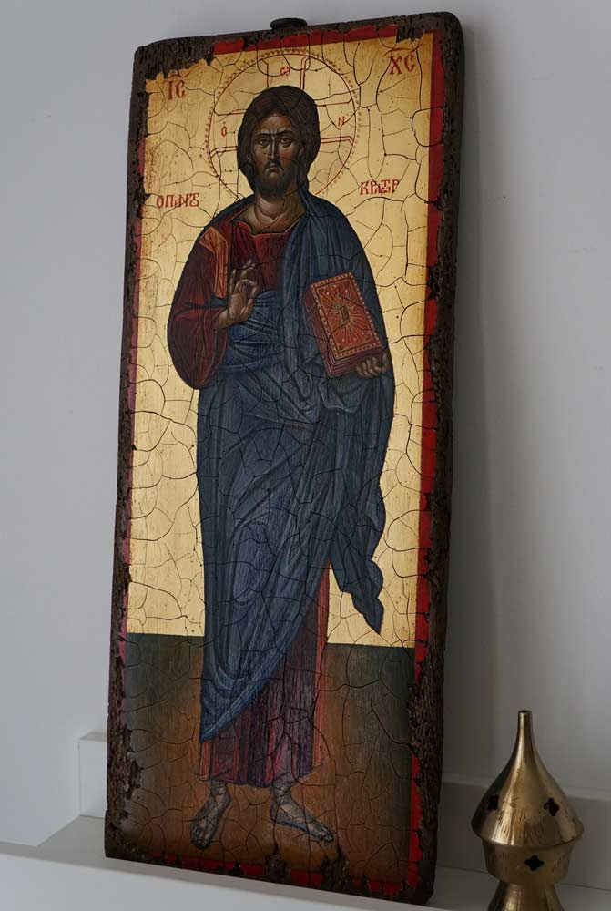 Jesus Christ Pantocrator Full Body Antique Style Hand Painted Byzantine Icon 00