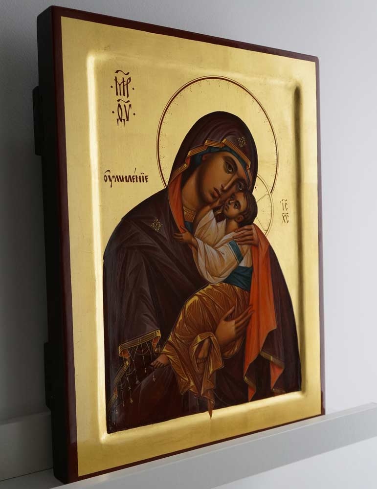 Theotokos Glykophilousa (raised border) Eleusa Hand-Painted Byzantine Orthodox Icon