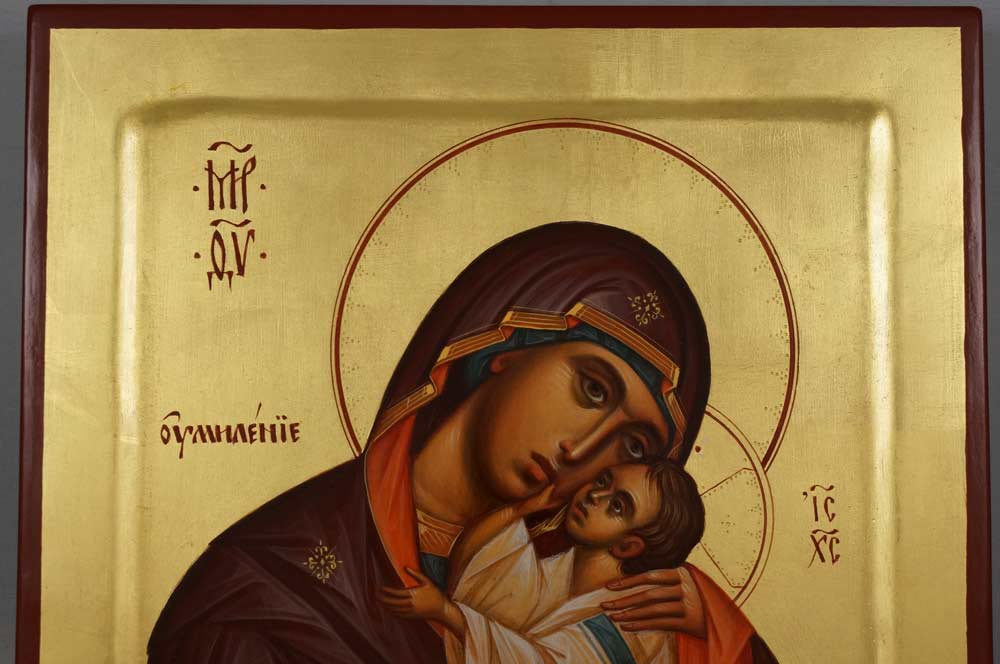 Theotokos Glykophilousa (raised border) Eleusa Hand-Painted Byzantine Orthodox Icon