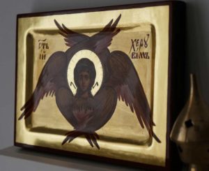 Cherub Hand Painted Byzantine Orthodox Icon with Polished Gold on Wood