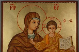Theotokos and Christ Hand Painted Icon Based on Mosaic apse of the Dormition Abbey in Jerusalem