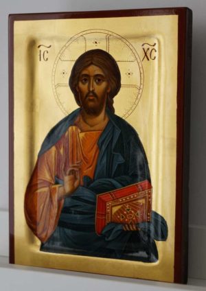Jesus Christ Pantocrator Hand Painted Byzantine Icon Raised Border