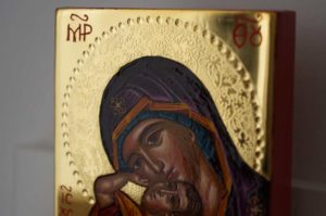 Mother of God Eleusa polished gold miniature Greek Icon Hand Painted Orthodox