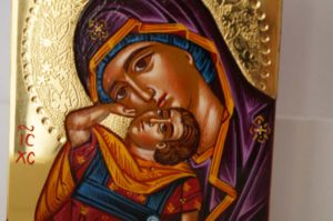 Mother of God Eleusa polished gold miniature Greek Icon Hand Painted Orthodox