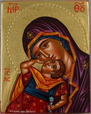 Mother of God Eleusa polished gold miniature Greek Icon Hand Painted Orthodox