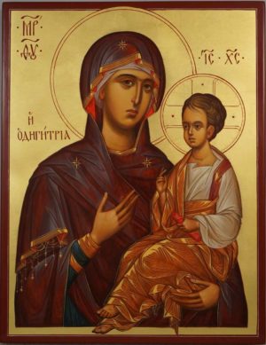 Mother of God Hodegetria Hand Painted Byzantine Orthodox Icon on Wood