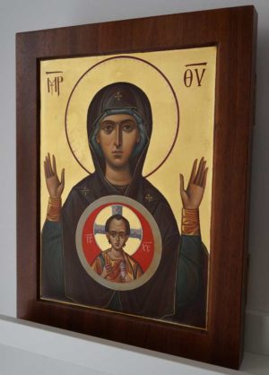 Our Lady of the Sign mahogany wood panel Hand Painted Byzantine Orthodox Icon