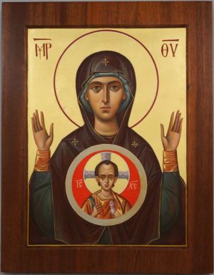 Our Lady of the Sign mahogany wood panel Hand Painted Byzantine Orthodox Icon