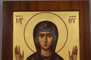 Our Lady of the Sign mahogany wood panel Hand Painted Byzantine Orthodox Icon