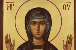 Our Lady of the Sign mahogany wood panel Hand Painted Byzantine Orthodox Icon