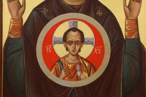 Our Lady of the Sign mahogany wood panel Hand Painted Byzantine Orthodox Icon