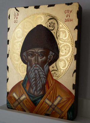 Saint Spyridon polished gold halo Hand Painted Greek Icon