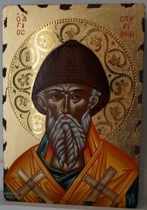 Saint Spyridon polished gold halo Hand Painted Greek Icon