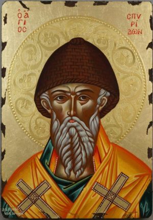 Saint Spyridon polished gold halo Hand Painted Greek Icon