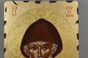 Saint Spyridon polished gold halo Hand Painted Greek Icon