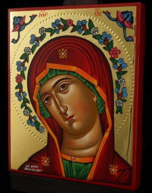 Theotokos Flower Halo polished gold Hand Painted Icon Greek Orthodox Byzantine