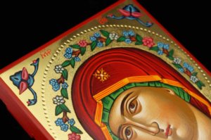 Theotokos Flower Halo polished gold Hand Painted Icon Greek Orthodox Byzantine