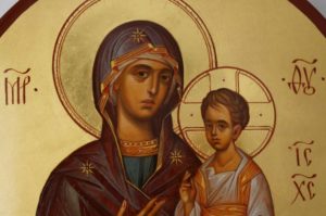 Theotokos Hodegetria full body Guide Hand Painted Byzantine Orthodox Icon on Arched Wood