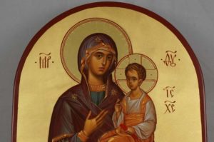 Theotokos Hodegetria full body Guide Hand Painted Byzantine Orthodox Icon on Arched Wood