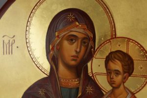 Theotokos Hodegetria full body Guide Hand Painted Byzantine Orthodox Icon on Arched Wood