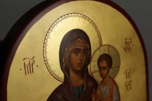 Theotokos Hodegetria full body Guide Hand Painted Byzantine Orthodox Icon on Arched Wood