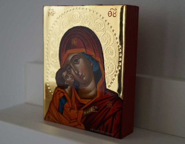 Theotokos Sweet Kissing polished gold miniature Hand Painted Greek Orthodox Icon