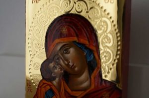 Theotokos Sweet Kissing polished gold miniature Hand Painted Greek Orthodox Icon