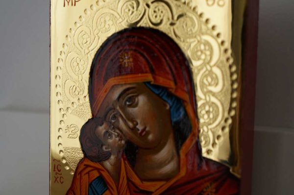 Theotokos Sweet Kissing polished gold miniature Hand Painted Greek Orthodox Icon
